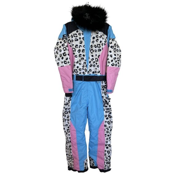 Tipsy Elves Ski Snow Suit Womens Size Small S Snow Leopard Pink Blue Faux Fur - Picture 1 of 10